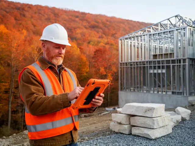 Builder in a white hard hat and orange vest using a rugged tablet beside a steel-framed building and limestone blocks