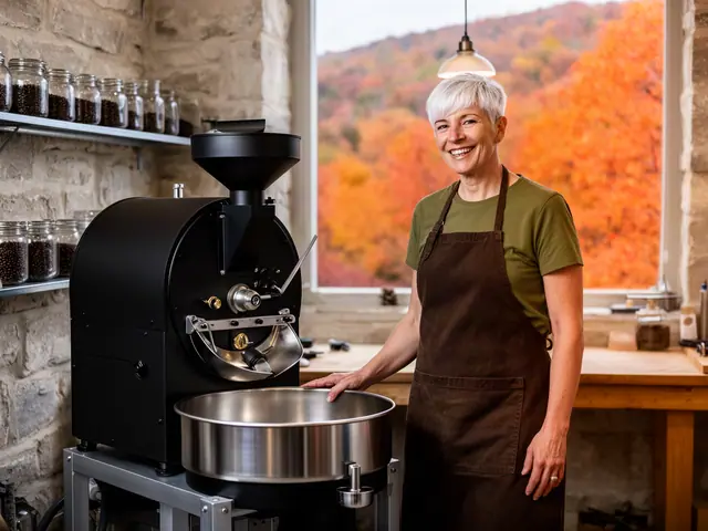 Smiling woman with short white hair in a brown apron beside a small black coffee roaster in a stone-walled workshop
