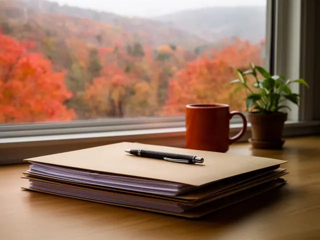 Stack of kraft folders with a black pen and an orange mug on a desk by a window over autumn hills