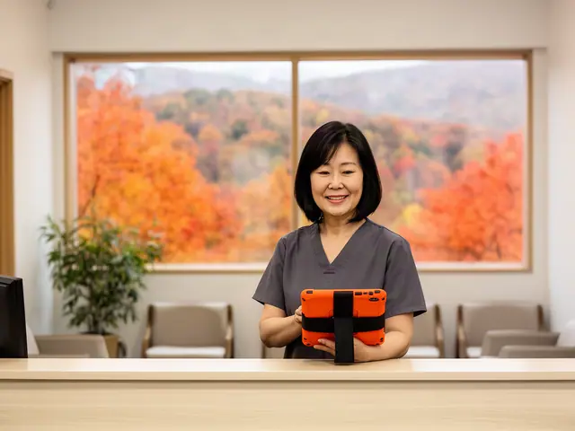 Smiling woman in grey scrubs at a clinic front desk holding an orange rugged tablet, autumn hills outside