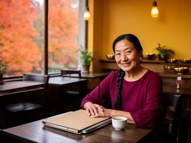 Smiling woman with a long braid in a burgundy top seated at a cafe table with a folder, laptop and tea
