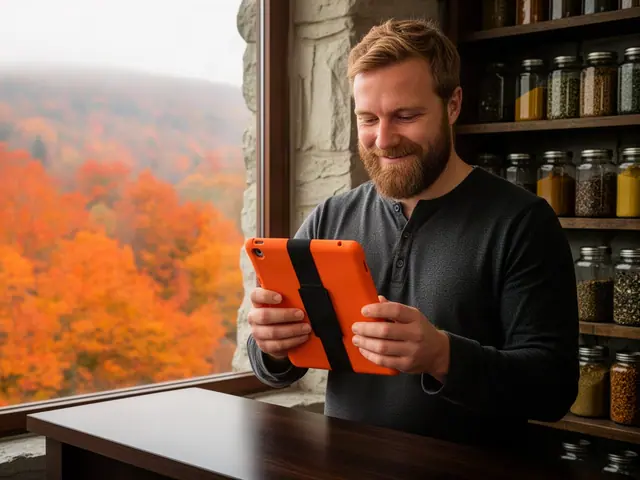 Smiling bearded man in a charcoal henley holding an orange rugged tablet beside shelves of spice jars