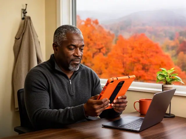 Man with a grey goatee in a charcoal quarter-zip reviewing an orange rugged tablet at a desk by a window