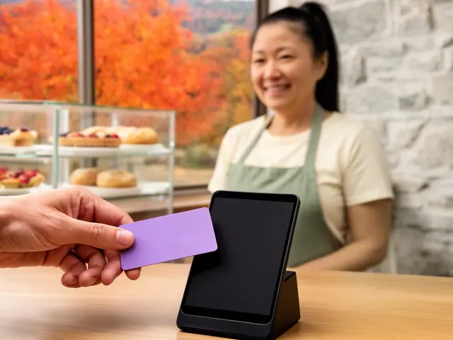 Customer's hand holding a lavender card up to a black countertop terminal, bakery owner smiling behind