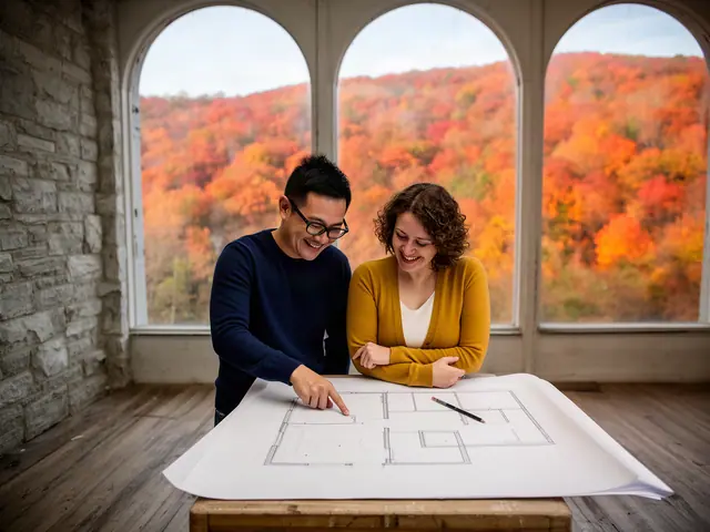Two smiling partners leaning over a floor plan on a table in a stone room with arched windows on autumn hills