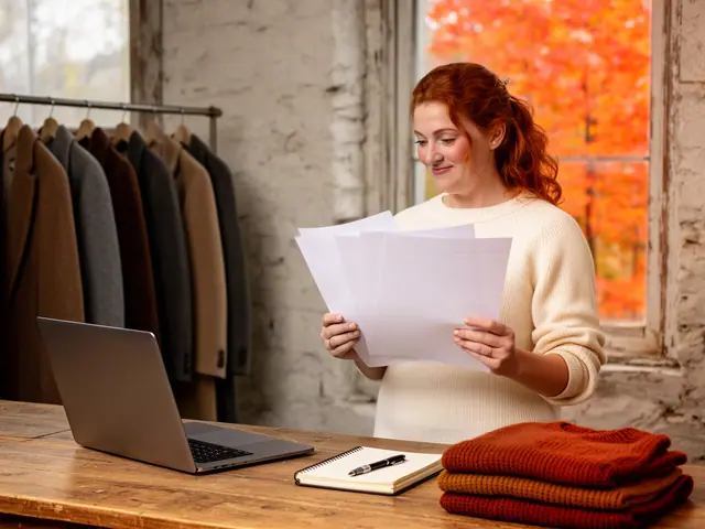 Red-haired woman in a cream sweater reading papers at a wooden counter in a clothing shop